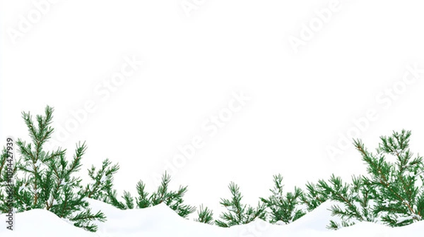 Fototapeta Christmas border with fir branches and snow, flat lay design on a white background, perfect for banners, mock-ups, and copy space concepts.