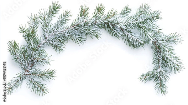 Fototapeta Christmas border with fir branches and snow, flat lay design on a white background, perfect for banners, mock-ups, and copy space concepts.