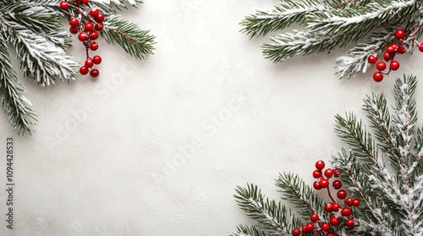 Fototapeta Christmas border with fir branches and snow, flat lay design on a white background, perfect for banners, mock-ups, and copy space concepts.