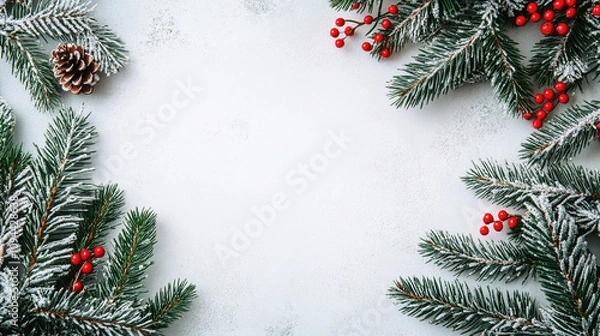 Fototapeta Christmas border with fir branches and snow, flat lay design on a white background, perfect for banners, mock-ups, and copy space concepts.