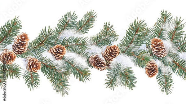 Fototapeta Christmas border with fir branches and snow, flat lay design on a white background, perfect for banners, mock-ups, and copy space concepts.