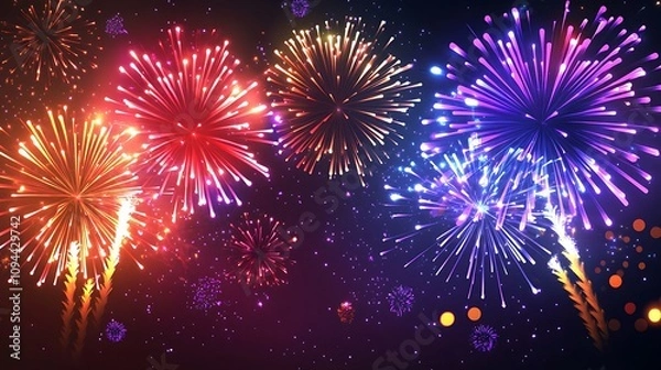 Fototapeta Virtual fireworks exploding in vibrant neon colors across a sleek digital screen, glowing bursts of red, purple, and gold illuminating the dark backdrop, sparkling effects, high-tech holographic