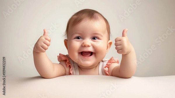 Fototapeta A cheerful baby with a radiant smile, giving two enthusiastic thumbs up