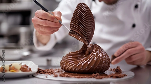 Obraz A chef creating a chocolate sculpture in a high-end kitchen studio.