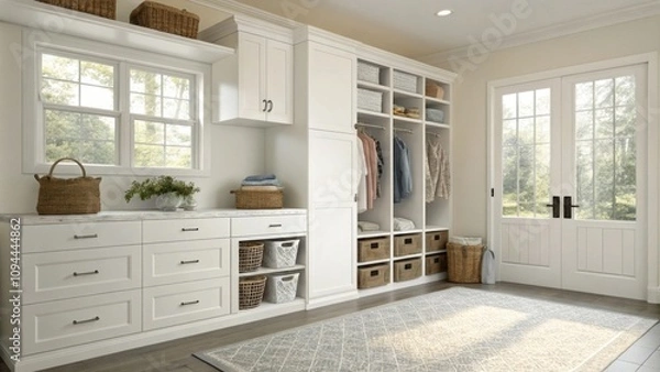 Fototapeta Bright and organized modern entryway with storage solutions