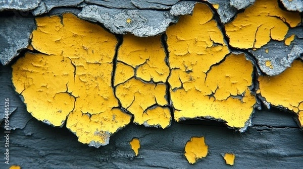 Obraz Close-up of cracked, peeling yellow paint on a dark gray surface.