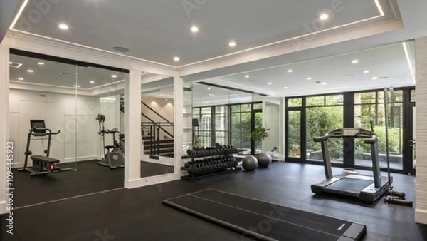 Fototapeta Modern home gym with sleek design and ample natural light