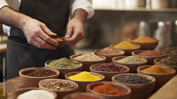 Obraz A chef showcasing colorful spices and herbs on a rustic wooden counter.
