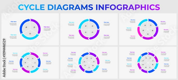 Fototapeta Set of infographic cycle diagrams with 3, 4, 5, 6, 7 and 8 options, steps or processes. Round pie diagrams with arrows