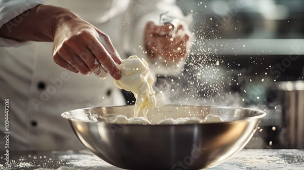 Obraz A chef whipping cream by hand in a stainless-steel bowl with finesse.