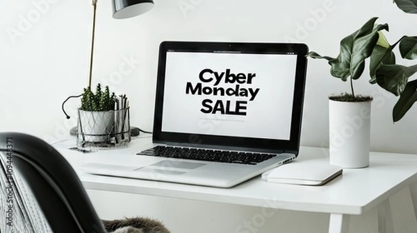 Fototapeta Modern Workspace Featuring a Laptop Displaying Cyber Monday Sale Announcement with Succulent Plants and Minimalist Decor for E-Commerce Promotion