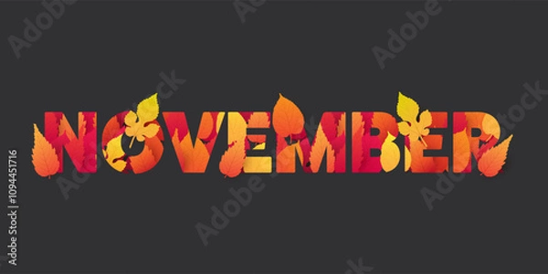 Fototapeta November Typography or Banner Design, Template with Colorful Leaves. Colors:  Red, Orange, Brown on Dark Background
