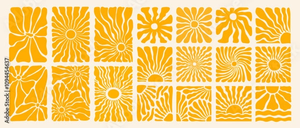 Fototapeta Groovy hippie y2k retro sun or flower background or contemporary summer sunburst banner with abstract organic doodle shape and wavy yellow floral pattern in 70s naive boho style. Groovy sun explosion.