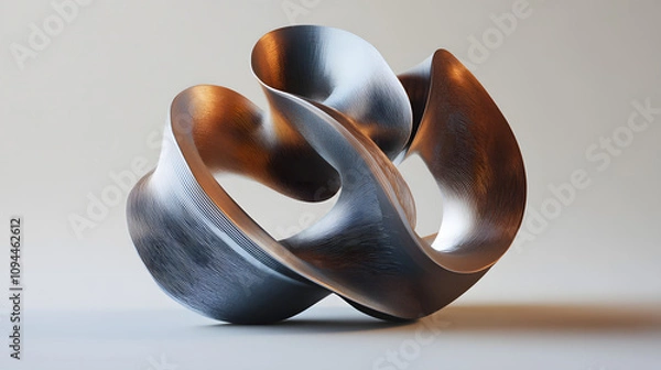 Obraz A futuristic 3D-printed sculpture of interwoven spirals in metallic hues.