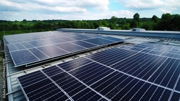Obraz Solar Panels on Rooftop Under Clear Sky