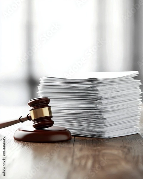 Obraz A wooden gavel rests beside a neat stack of legal documents, symbolizing justice and the legal process in a courtroom setting.
