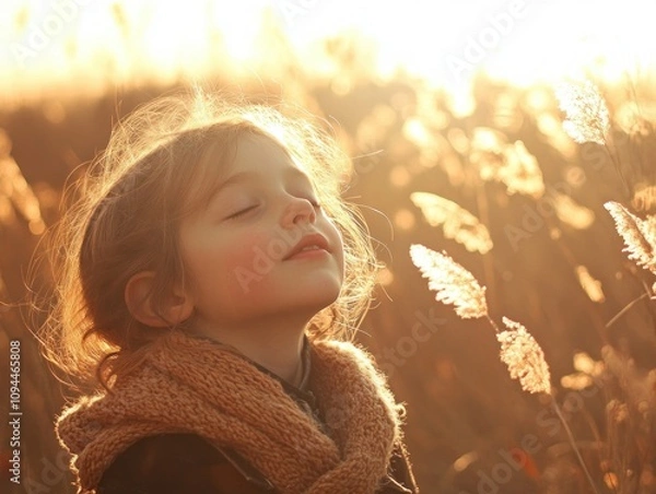 Fototapeta A child inspired by the freedom to imagine and explore, feeling the golden sunlight on her face, breathing in the fresh air, experiencing the joy of nature, a moment of pure childlike wonder, a