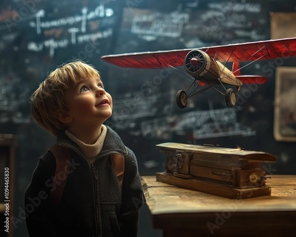 Fototapeta A child inspired by the magic of exploration, gazing up at a vintage model airplane, dreaming of adventure and flight His youthful imagination takes flight, fueled by curiosity and a thirst for
