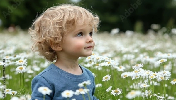 Fototapeta A child inspired by the freedom to explore and imagine, surrounded by a field of daisies, embodies childhood wonder and joy This image captures the essence of carefree exploration, a child's