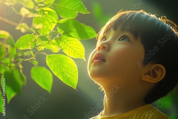 Fototapeta A child's wonder-filled gaze, inspired by the magical possibilities of exploration and discovery in nature This image captures a moment of pure childhood joy, reflecting the innate curiosity and