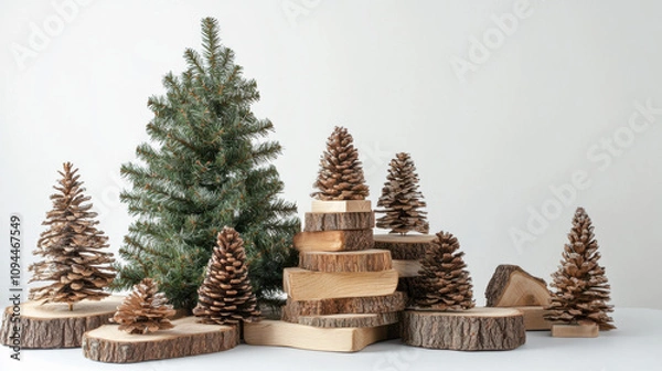 Fototapeta Rustic Christmas tree arrangement evokes warmth and coziness