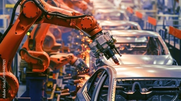 Fototapeta Robotic Arms Installing Audio Systems in Modern Car Factory Assembly Line