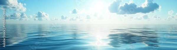Fototapeta Serene Sunrise Horizon A breathtaking view of a softly glowing horizon under the light of sunrise, where the ocean mirrors the sky's radiant hues The tranquil scene showcases a peaceful sunrise