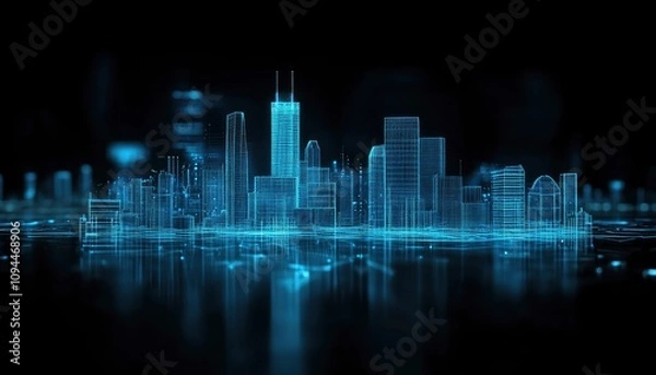 Fototapeta A futuristic city skyline rendered in a glowing, translucent style.