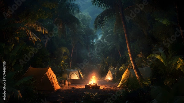 Obraz A jungle campsite at night with a glowing campfire and tents surrounded by towering trees.