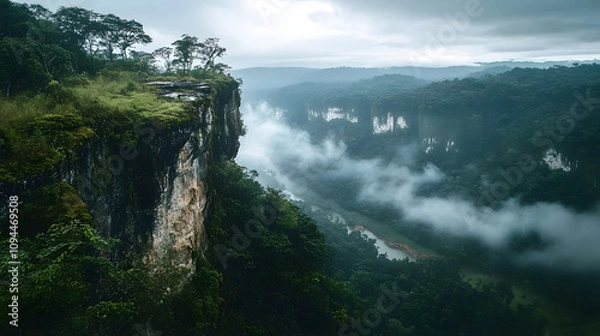 Fototapeta A jungle cliffside overlooking a river valley with mist rolling through the treetops.