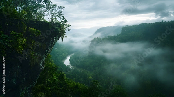 Fototapeta A jungle cliffside overlooking a river valley with mist rolling through the treetops.