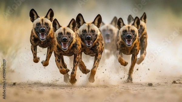 Obraz A pack of wild dogs cooperates in a high-speed chase across the Savannah, their agility and teamwork a breathtaking display of natural coordination. 