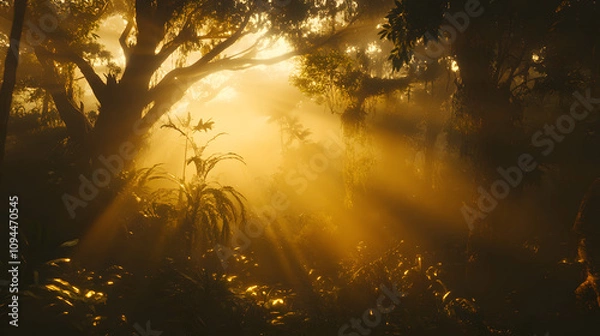 Fototapeta A jungle sunrise with golden light breaking through the canopy and illuminating the misty forest floor.