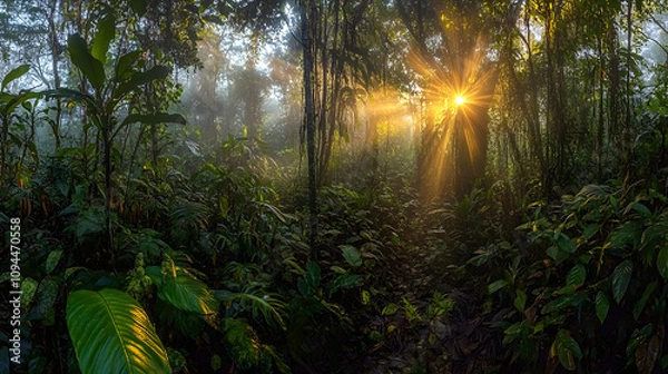 Fototapeta A jungle sunrise with golden light breaking through the canopy and illuminating the misty forest floor.