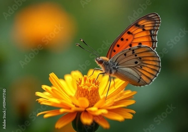 Fototapeta Butterfly resting on vibrant orange flower in a sunny garden setting