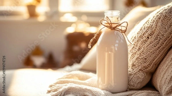 Fototapeta Rustic Milk Bottle Decorated with Twine on Cozy Couch Surrounded by Warm Light and Soft Textiles, Ideal for Homey and Comfort-Themed Photography Projects