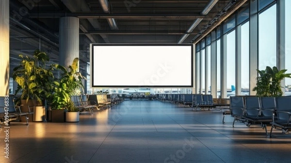 Obraz Departure lounge in an airport with a blank white billboard for advertisement mockup