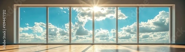 Fototapeta Bright room with large windows showcasing a beautiful sky filled with clouds and sunlight streaming in, creating an inviting atmosphere.