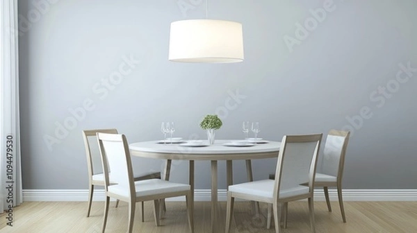 Fototapeta A modern dining area featuring a round table, chairs, and decorative plant.