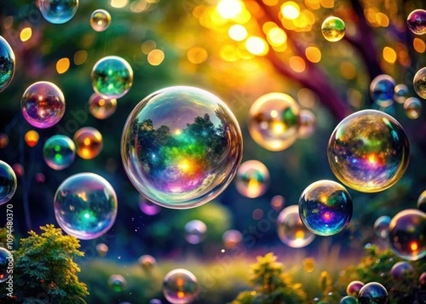 Obraz Surreal Abstract Background of Floating Transparent Soap Bubbles in Air, Dreamlike Atmosphere, Colorful Reflections, Ethereal Light, Whimsical Elements, Creative Design, High Resolution