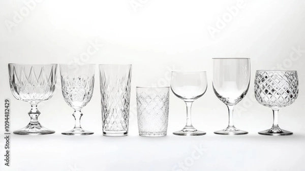 Fototapeta Elegant empty glasses various patterns clear textured etched glassware drinking glasses tumblers highball glasses wine glasses goblets crystal glass tableware barware home decor kitchenware vintage