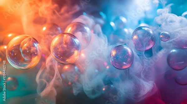 Fototapeta A surreal installation of floating transparent spheres filled with swirling colored smoke.