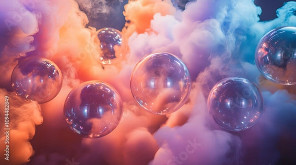 Fototapeta A surreal installation of floating transparent spheres filled with swirling colored smoke.