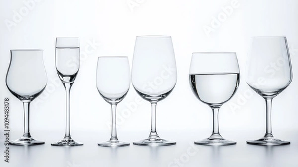 Fototapeta Empty water glasses various styles arranged casually glassware crystal drinking glass wine glass water beverage clear transparent elegant simple clean modern minimalist design collection set