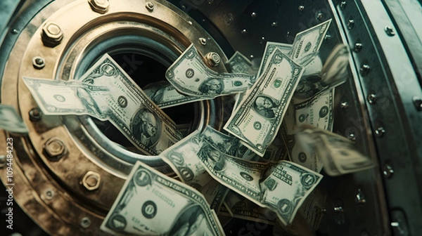 Obraz A symbolic image of a bank vault partially open with dollar bills flowing out to represent interest earnings.