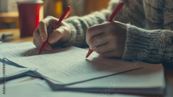 Obraz A teacher grading and reviewing essays at a desk covered with papers and red pens.