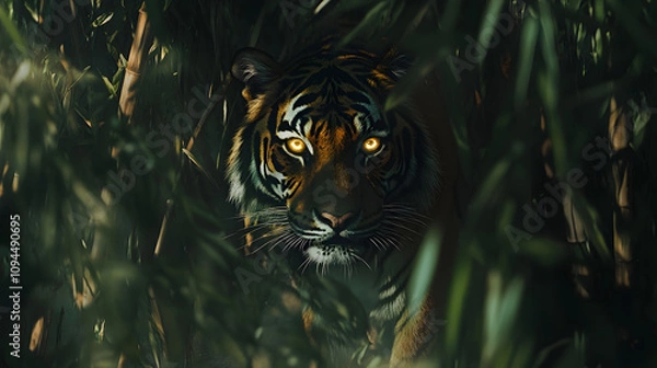 Obraz A tiger standing in a dense bamboo forest its glowing eyes staring intensely through the shadows.