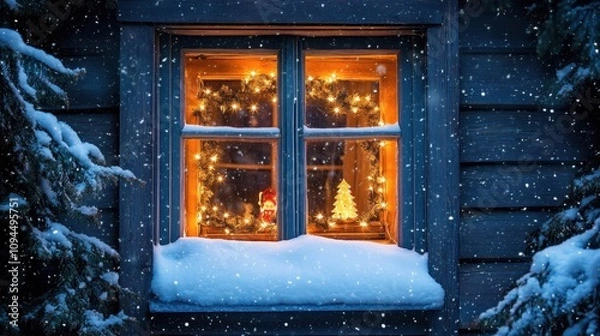 Fototapeta A snow-kissed window adorned with a starry garland and glowing Christmas decorations inside.