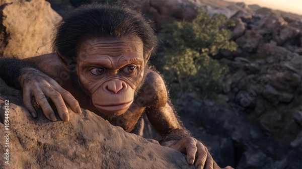 Obraz Homo Naledi Climbing a Cliff at Sunset, Demonstrating Early Hominid Agility and Survival Instincts