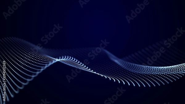 Obraz Futuristic wave of dots with moving particles on a dark background. 3D visualization of big data.